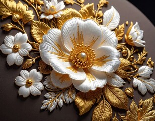 Elegant floral arrangement in white & gold on dark background