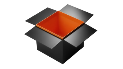 Open black box with orange interior isolated PNG, gift container on transparent background for product presentation and surprise