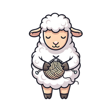 Peaceful Cartoon Sheep Character Knitting with a Large Ball of Wool