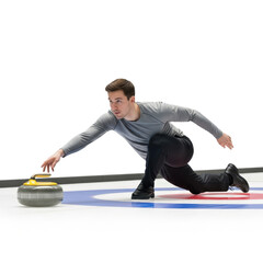 Curling athlete sliding a stone with controlled precision, balance, and competitive winter sports technique on a transparent background.