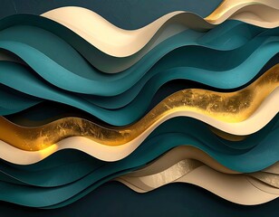 Wavy abstract teal, gold, cream layered paper effect