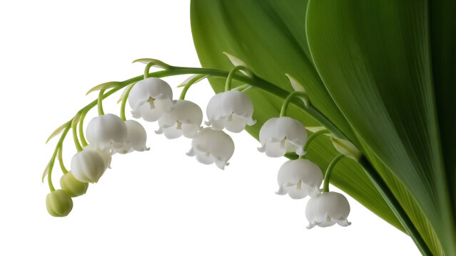 Lily of the valley isolated PNG, delicate white bell-shaped flowers with fresh green leaves on transparent background, spring floral design element