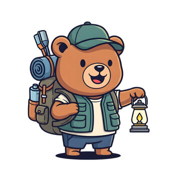 Adventurous Cartoon Bear Character with Backpack and Lantern for Hiking