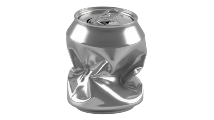 Crushed silver aluminum can isolated PNG, recyclable waste material for environmental awareness and recycling concepts