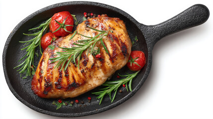 Juicy grilled chicken breast with char marks in a skillet with tomatoes and rosemary. High-quality food photography isolated on white for menu design, healthy eating, and recipe illustrations