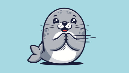 Adorable Baby Seal Cartoon Character Waving with Happy Smiling Face on a Light Blue Background © Payu