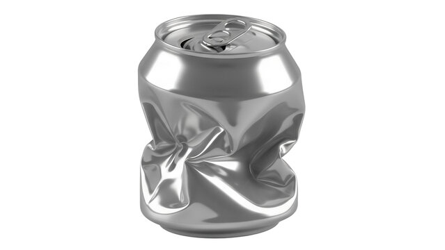 Crushed silver aluminum can isolated PNG, recyclable waste material for environmental awareness and recycling concepts