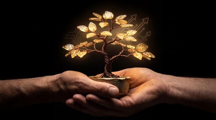 A woman's hands carefully holding a glowing light bulb containing a green tree sprout to symbolize a new concept for environmental growth and ecology