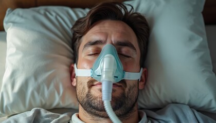 Man sleeps with CPAP mask at home. He has breathing issues and uses a respiratory device for sleep apnea treatment. Adult male rests on pillow on couch wearing sleep apnea mask.
