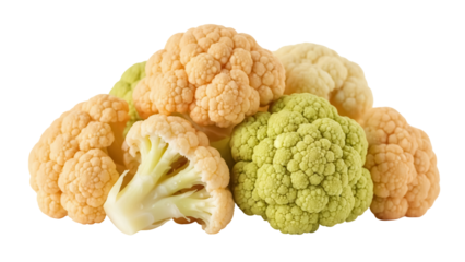 Pile of colorful cauliflower florets isolated PNG, fresh vegetables with green, orange and white heads on transparent background