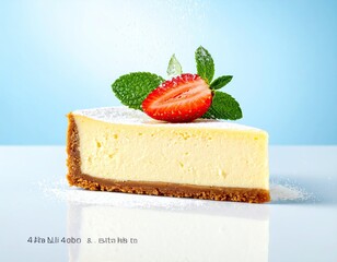 Cheesecake slice w/ berry & mint, powdered sugar dusting