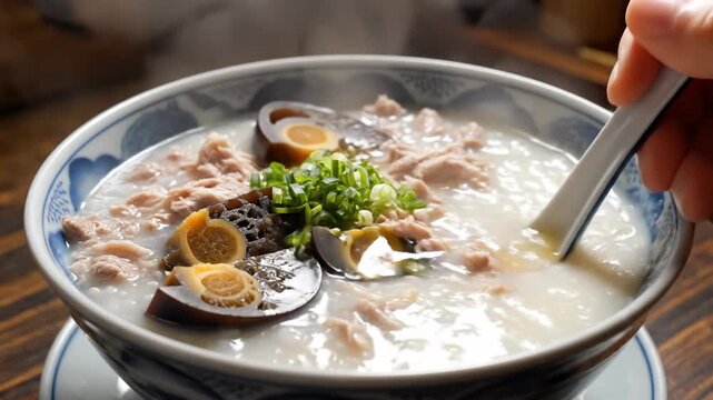 Close up of a bowl of savory porridge with various toppings