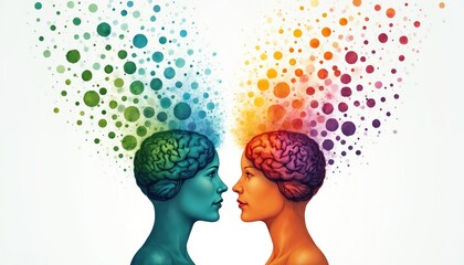 Abstract art shows two profiles with colorful dots over their brains. Concept of neurodiversity, varied thinking styles. Represents different minds, unique perspectives creating ideas, connection.
