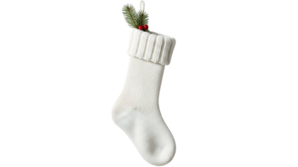White knitted Christmas stocking with pine and holly berries festive holiday