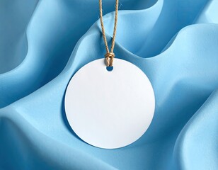 Blank tag on soft, flowing light blue fabric backdrop