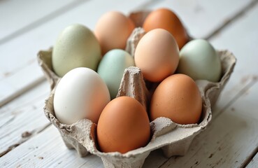 Assortment of fresh, colorful chicken eggs in a carton on a light wooden surface. Natural farm eggs, white brown and blue green shells ready for cooking or Easter celebration.