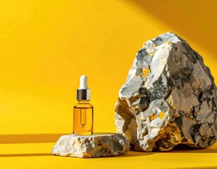 Oil dropper on stone, yellow backdrop, natural sunlight