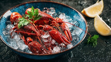 Crayfish served in bowl with ice, cool summer aesthetic