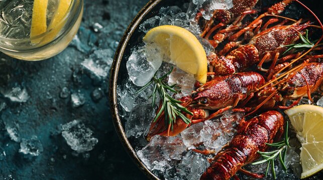 Crayfish served in bowl with ice, cool summer aesthetic