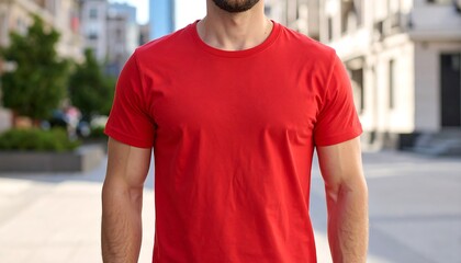 Red t-shirt mockup for a confident man, blank template for your design on a red t-shirt mockup