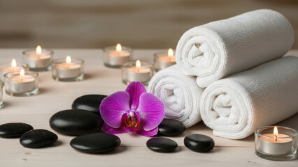 Serene spa setting with towels and candles