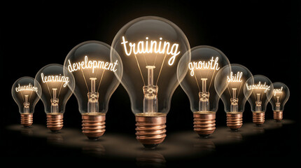 Conceptual image of light bulbs with education, learning, development, training, growth, skill, knowledge, and innovation on black background for business, creativity