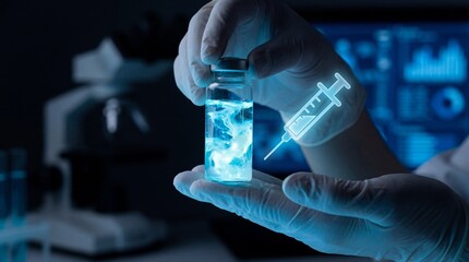 A professional scientist in a laboratory conducts a medical research experiment by looking through a microscope to perform a biological analysis of a chemical liquid sample in a glass flask