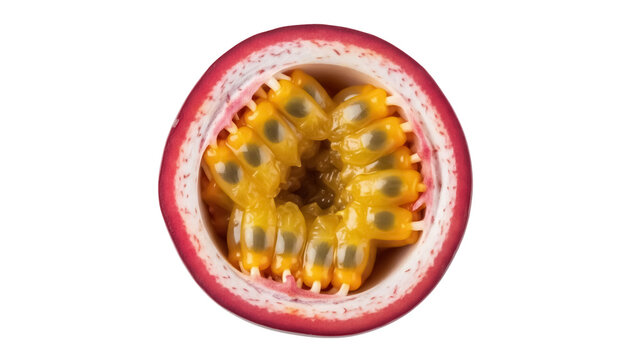 Passion fruit half isolated PNG, vibrant tropical fruit with juicy pulp and edible seeds on transparent background, exotic food for healthy eating