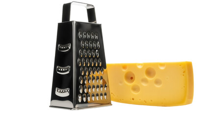Swiss cheese block and grater isolated PNG, dairy product with holes on transparent background for cooking and food preparation