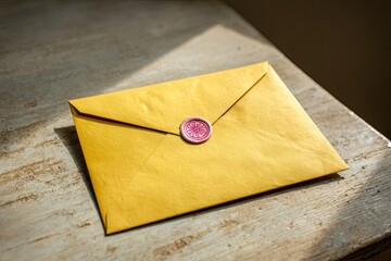 Yellow Envelope With Pink Design On Wooden Table