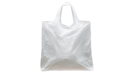 White translucent plastic shopping bag with carrying handles, representing consumerism, retail, waste, and environmental pollution in a studio shot with a transparent background