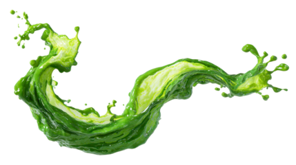 Green paint or liquid splash dynamic wave motion and fluid flow creating a vibrant abstract organic shape spreading horizontally, transparent background