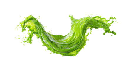 Vibrant green liquid creating a dynamic splash wave and drops, forming an energetic flow with movement on a transparent background, depicting a fresh fluid motion
