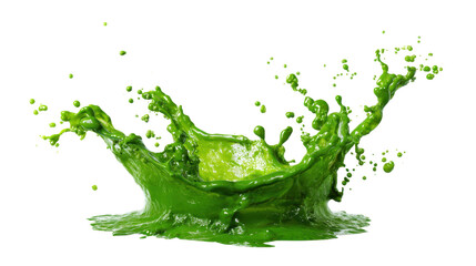 Vibrant green liquid splashing, creating a dynamic crown shape with flying droplets, capturing energy and movement, isolated on transparent background