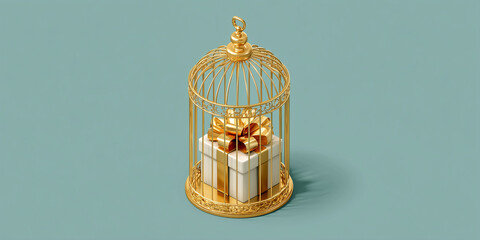 Golden birdcage with wrapped gift and bow on teal background  