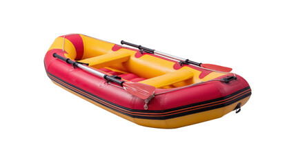 Red and yellow inflatable boat, perfect for water sports, leisure activities, and adventure travel, sitting prepared with oars on a transparent background for easy use