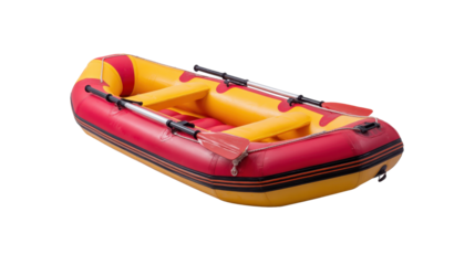 Red and yellow inflatable boat, perfect for water sports, leisure activities, and adventure travel, sitting prepared with oars on a transparent background for easy use