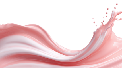 Pink and white liquid splashes and swirls, forming dynamic waves and drops, representing fluid motion, freshness, and creamy texture on a transparent background