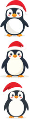 Obraz premium Adorable cute little penguin icon character wearing a festive red Christmas hat, flat vector design element for winter holiday greeting cards and seasonal decorations, simple avatar symbol