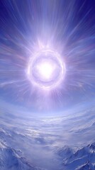 Radiant Heavenly Light Over Snowy Mountain Peaks