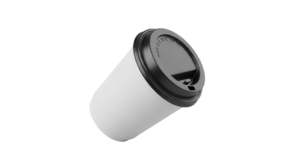 Disposable coffee cup with black lid isolated PNG on transparent background, blank paper cup for hot drinks and beverages mockup