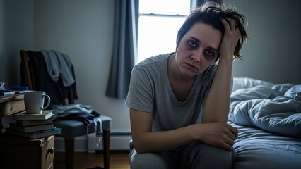 Exhausted Woman in Bedroom Exhaustion Stress Tired Woman. Concept featuring exhaustion, stress, tired woman, bedroom, mental health.