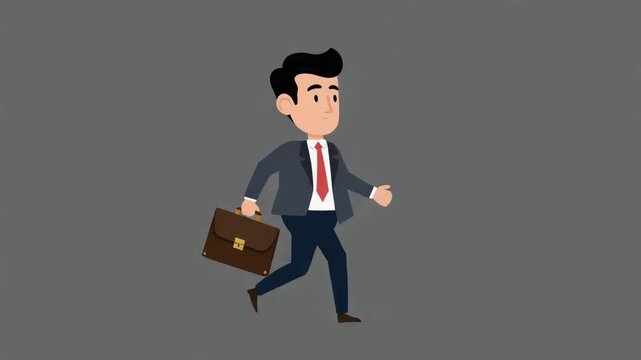 A cartoon illustration of a businessman in a suit walking and carrying a briefcase against a plain grey background.