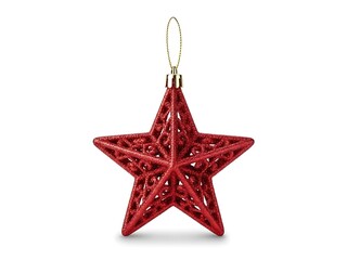 Isolated Sparkling Red Star Christmas Ornament with Gold Thread, Festive Decoration on Pure White Background, Soft Shadow, Elegant Holiday Decor