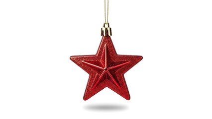 Isolated Sparkling Red Star Christmas Ornament with Gold Thread, Festive Decoration on Pure White Background, Soft Shadow, Elegant Holiday Decor