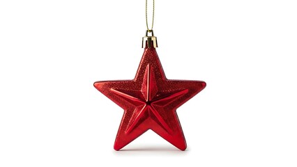 Isolated Sparkling Red Star Christmas Ornament with Gold Thread, Festive Decoration on Pure White Background, Soft Shadow, Elegant Holiday Decor