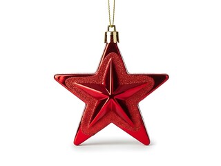 Isolated Sparkling Red Star Christmas Ornament with Gold Thread, Festive Decoration on Pure White Background, Soft Shadow, Elegant Holiday Decor