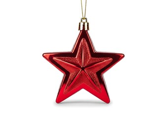 Isolated Sparkling Red Star Christmas Ornament with Gold Thread, Festive Decoration on Pure White Background, Soft Shadow, Elegant Holiday Decor