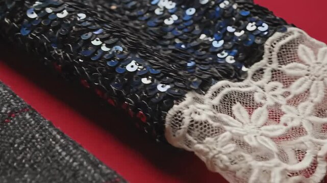 Close Up Shots Of Glittering Fabric Sequins And Lace.