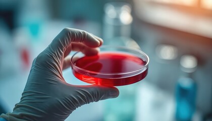 Scientist in sterile glove holds petri dish with red liquid. Lab research, drug discovery, medical test, healthcare sample analysis, drug development. Blood test, vaccine creation, cell culture.